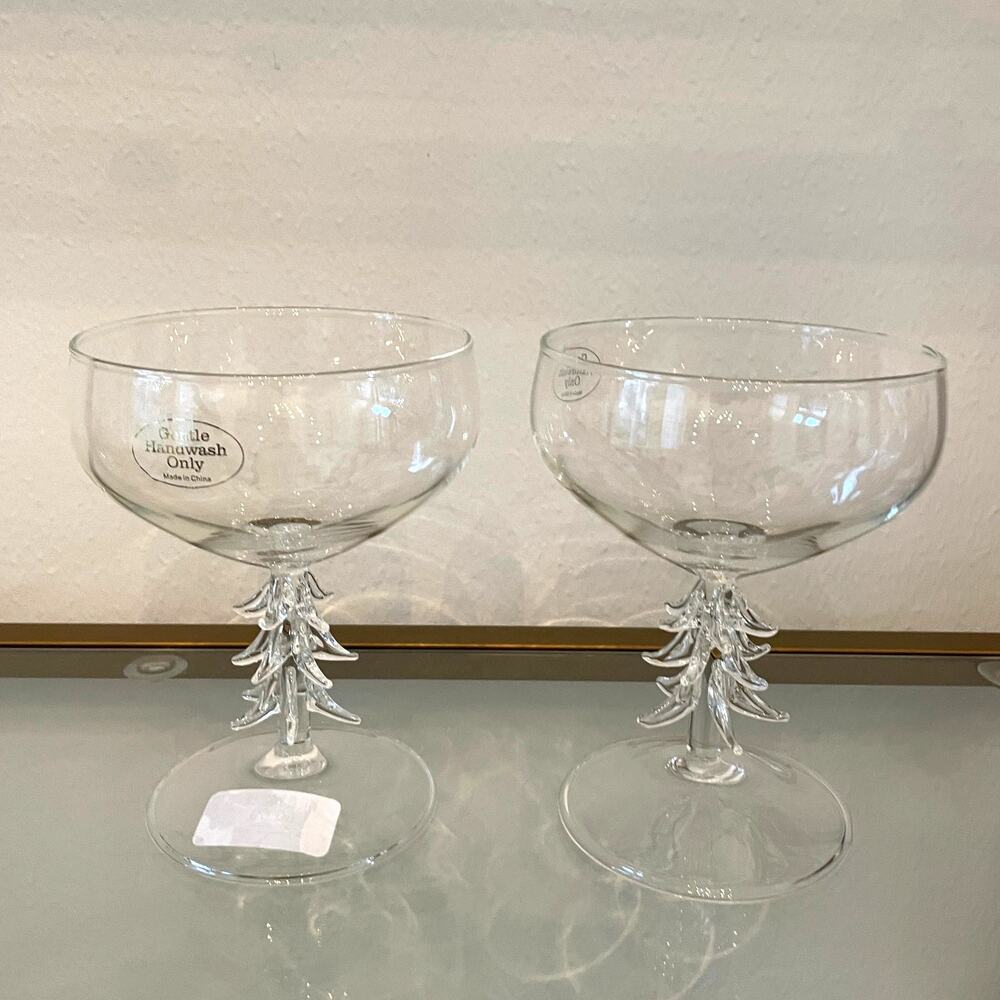 Christmas Tree Coupe Wine Glass Set of 2 Holiday Glam Barware New - Picture 2 of 10